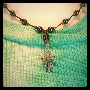 Vintage Sterling Silver & Hematite Cross Necklace